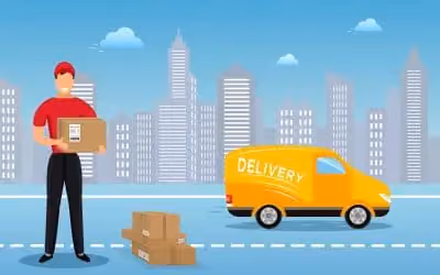 An illustration of a local delivery driver, parcels, and a delivery van