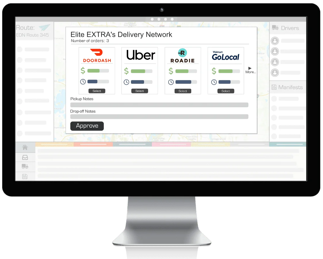 A mockup of Elite EXTRA's Delivery Network on a dispatch screen showing delivery providers and price/time comparisons