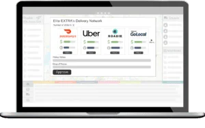 A mockup of Elite EXTRA's Delivery Network on a dispatch screen showing delivery providers and price/time comparisons