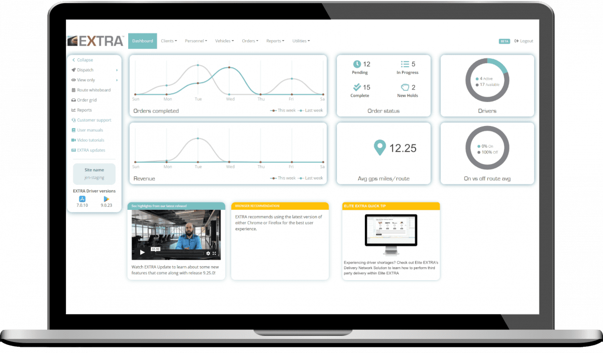 Image of the Elite EXTRA Routing & Dispatch dashboard on a laptop screen