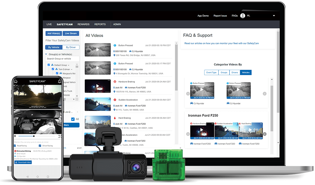 Image of Fleet Telematics software on a laptop and phone with dash camera and chip hardware in front