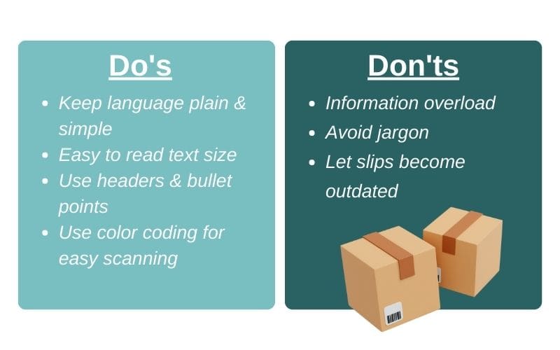 A list of the do's and don'ts of packing slips