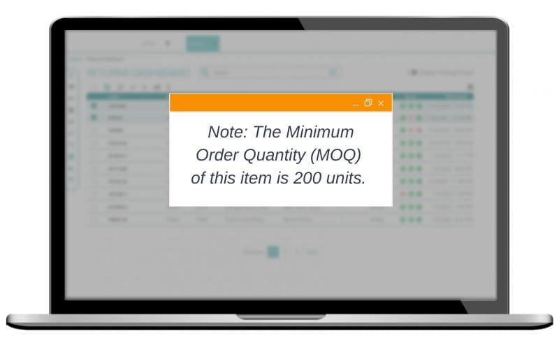 MOQ notification on screen while ordering online