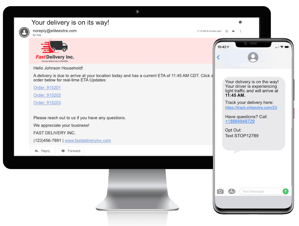 Image of an ETA email customer notification on a desktop and an ETA text on a mobile phone