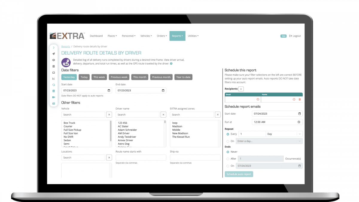 A report filtering and customization page on a laptop screen