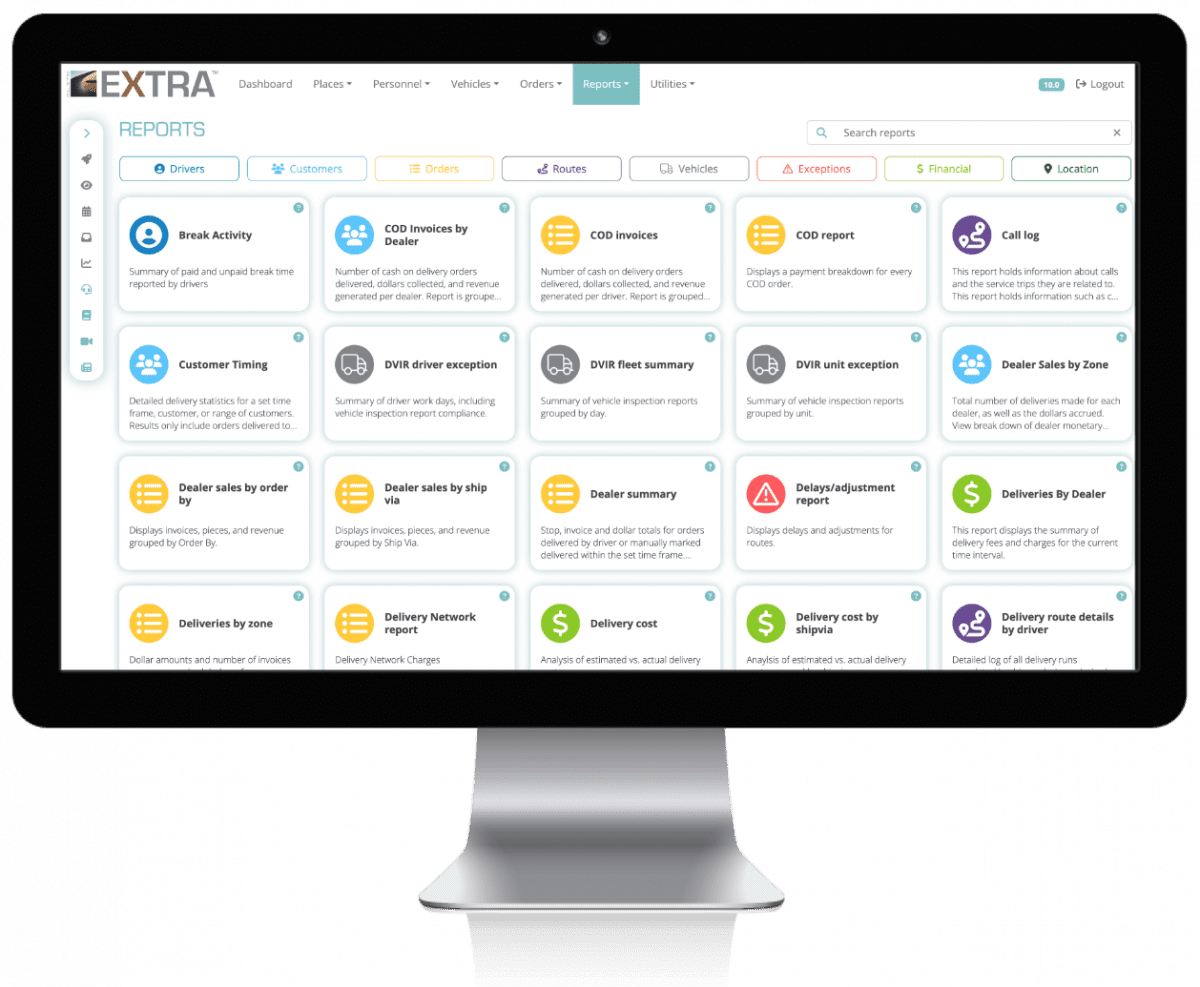 A list of logistics reports to choose from on a desktop screen