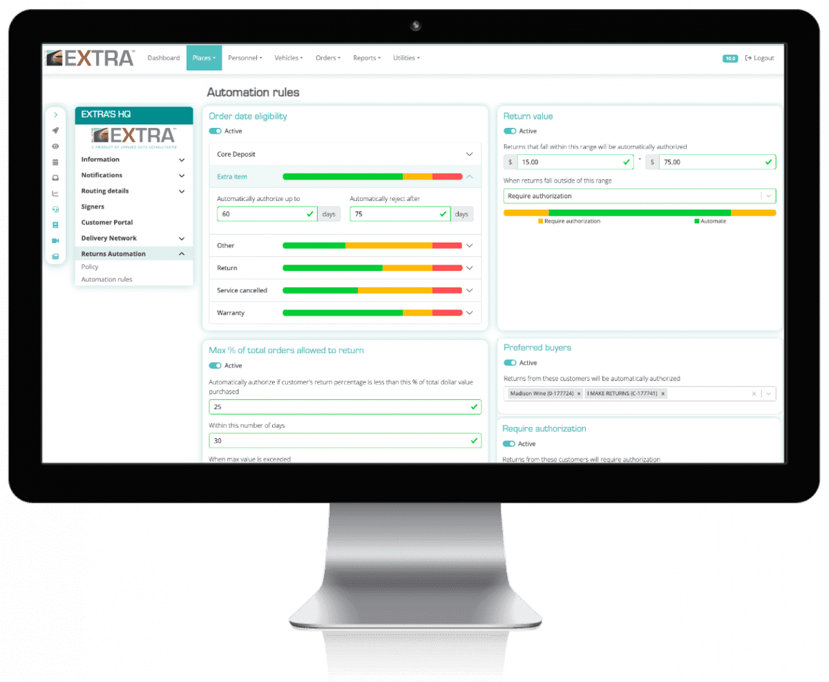 Returns policy automation settings screen in Returns Automation