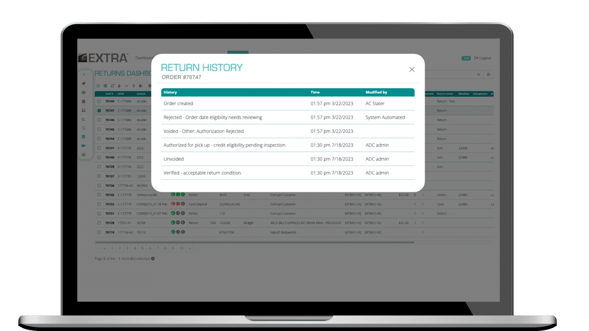 Return history on Returns Automation showing the automation history of a return