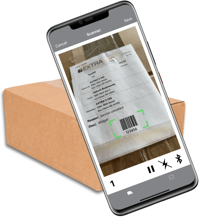 Image of a mobile app scanning a package bar code for chain of custody