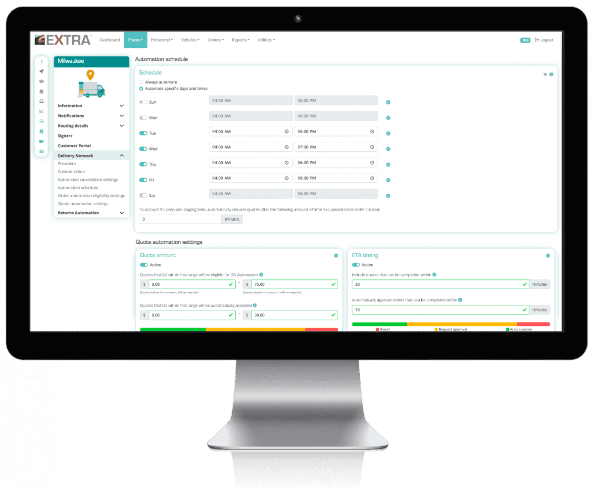 Delivery Network third-party automated dispatch rules on screen