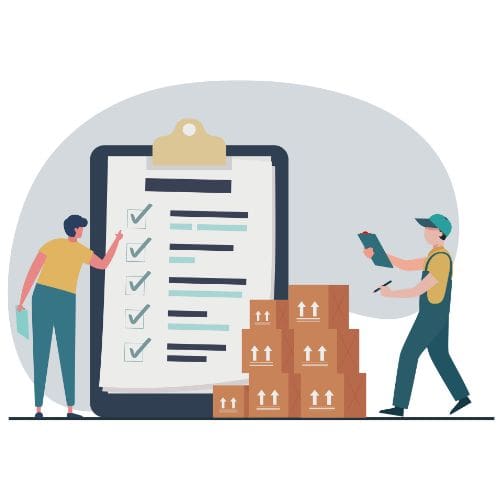 Animated graphic showing characters managing inventory with checklists and boxes