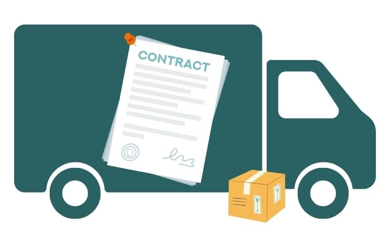Animated image of a courier truck with a courier contract pinned to it and a delivery box in front of it