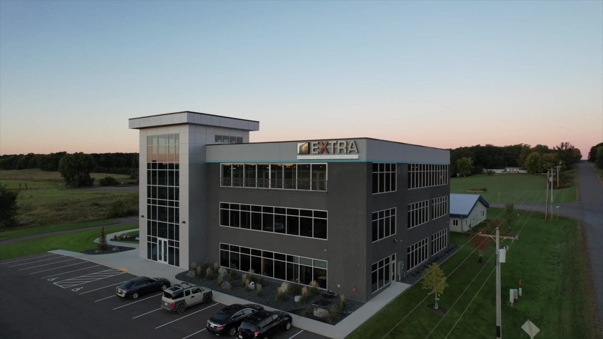 An aerial photo of Elite EXTRA's headquarters building