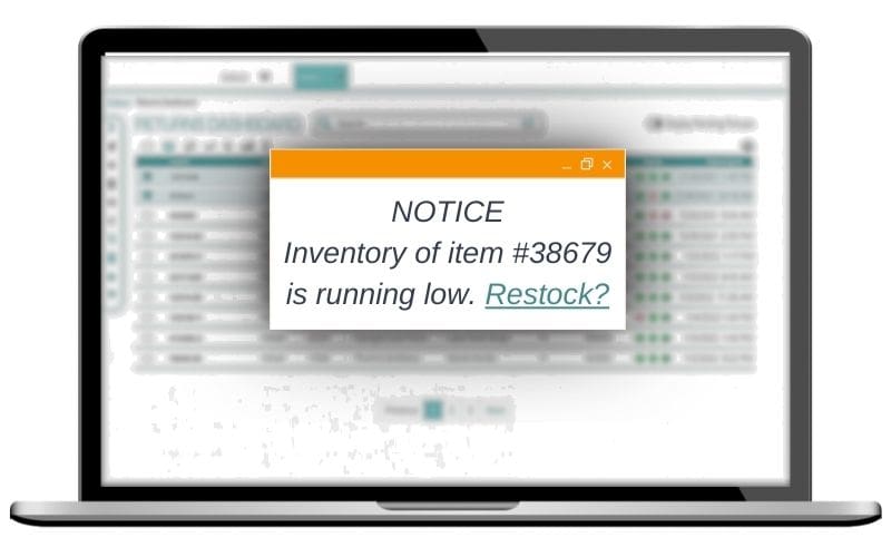 An alert appearing on a dashboard showing low inventory for a particular item