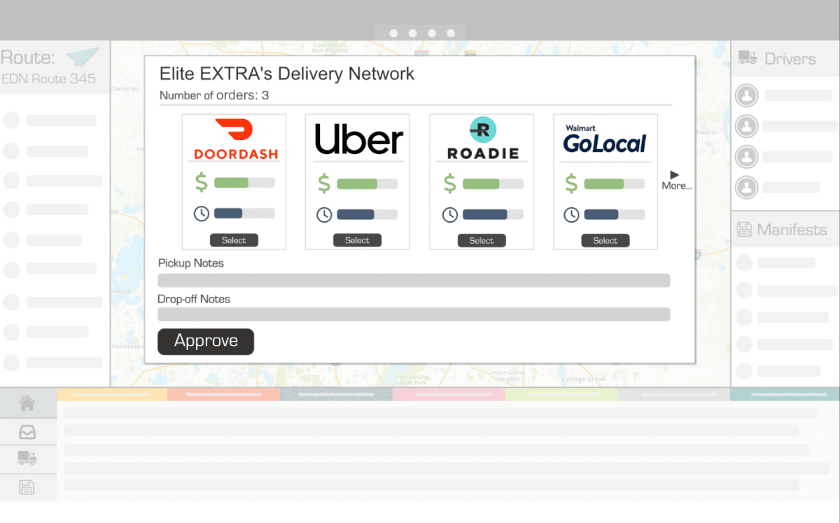 A mockup of Elite EXTRA's Delivery Network on a dispatch screen showing delivery providers and price/time comparisons